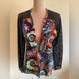 Adore Multicolor Patterned Blazer with Black Mesh Sleeves